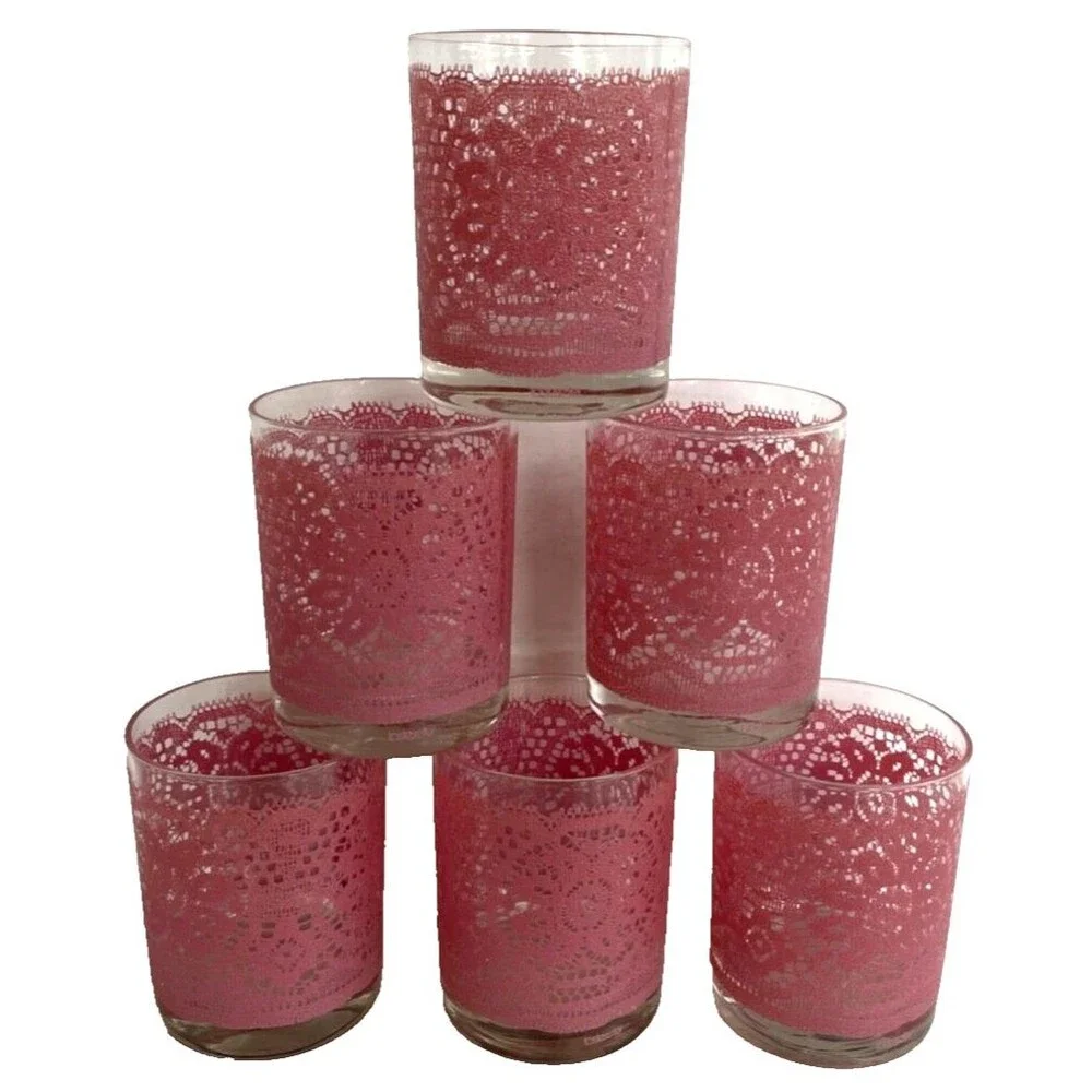 Set of 6 MCM Barware Highball Glasses Pink Lace TasteSetter Vintage Retro RARE